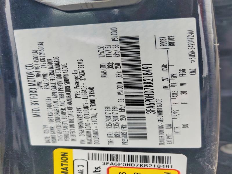 57209516 :رقم المزاد ، 3FA6P0HD7KR218491 vin ، 2019 Ford Fusion مزاد بيع