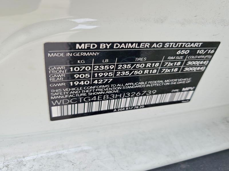 Aukcja sprzedaży 2017 Mercedes-benz Gla, vin: WDCTG4EB3HJ326739, numer aukcji: 58921736