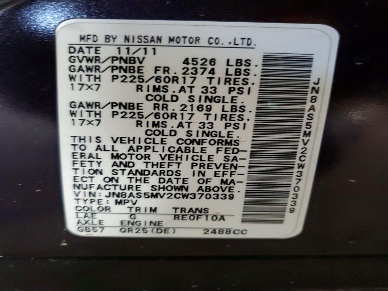 58783066 :رقم المزاد ، JN8AS5MV2CW370339 vin ، 2012 Nissan Rogue مزاد بيع