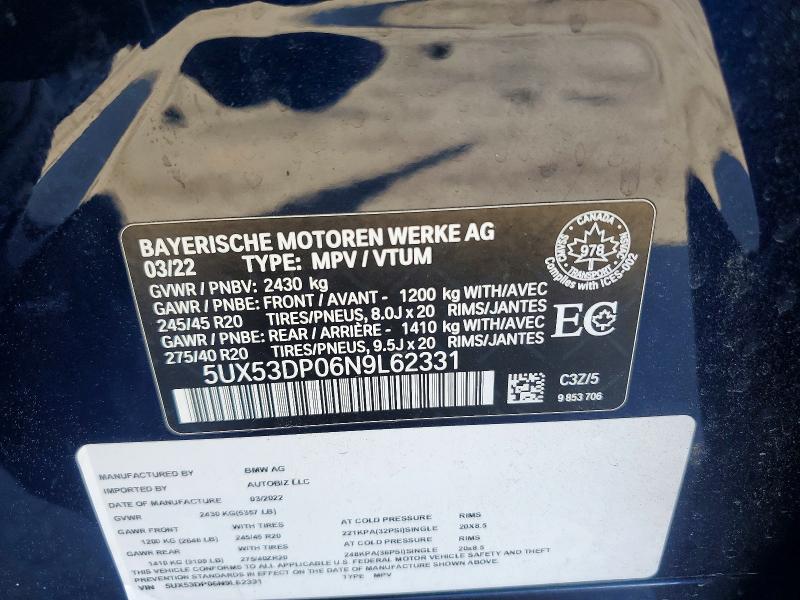 2022 Bmw X3 მანქანა იყიდება აუქციონზე, vin: 5UX53DP06N9L62331, აუქციონის ნომერი: 56601896