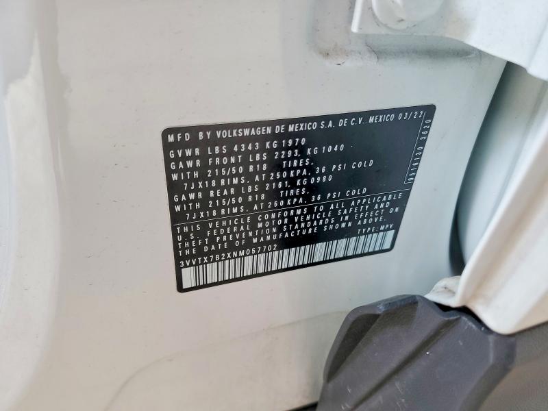 2022 Volkswagen Taos მანქანა იყიდება აუქციონზე, vin: 3VVTX7B2XNM057702, აუქციონის ნომერი: 56669056