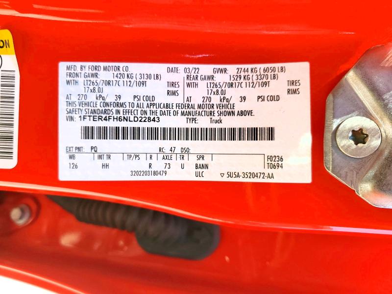 Продаж на аукціоні авто 2022 Ford Ranger, vin: 1FTER4FH6NLD22843, номер лоту: 58593006