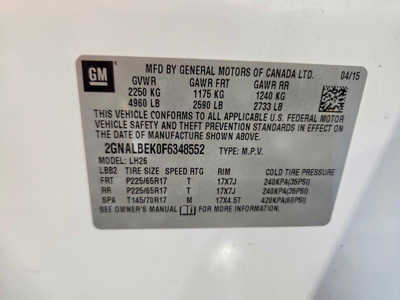 Aukcja sprzedaży 2015 Chevrolet Equinox, vin: 2GNALBEK0F6348552, numer aukcji: 55622136