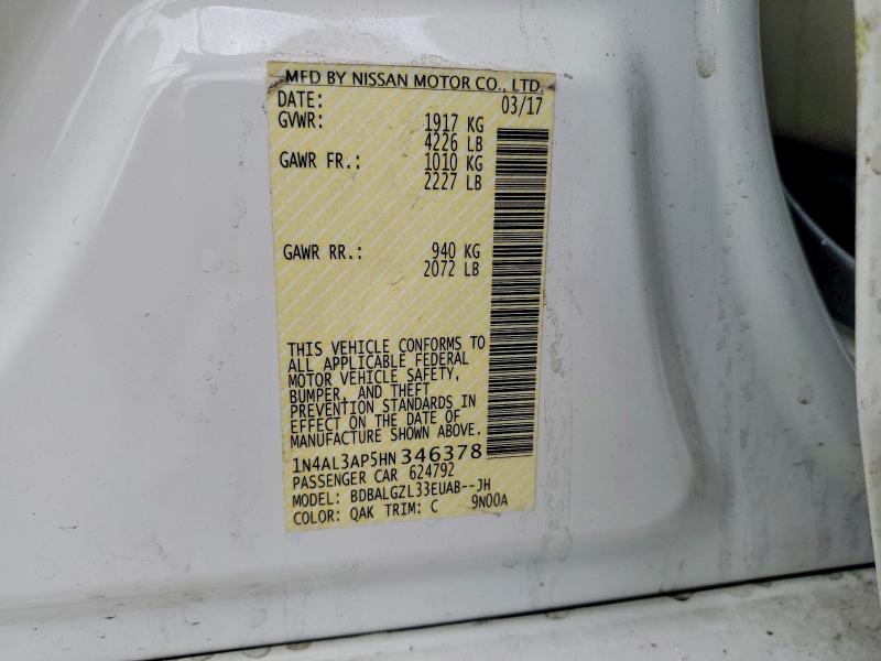 2017 Nissan Altima მანქანა იყიდება აუქციონზე, vin: 1N4AL3AP5HN346378, აუქციონის ნომერი: 55881406