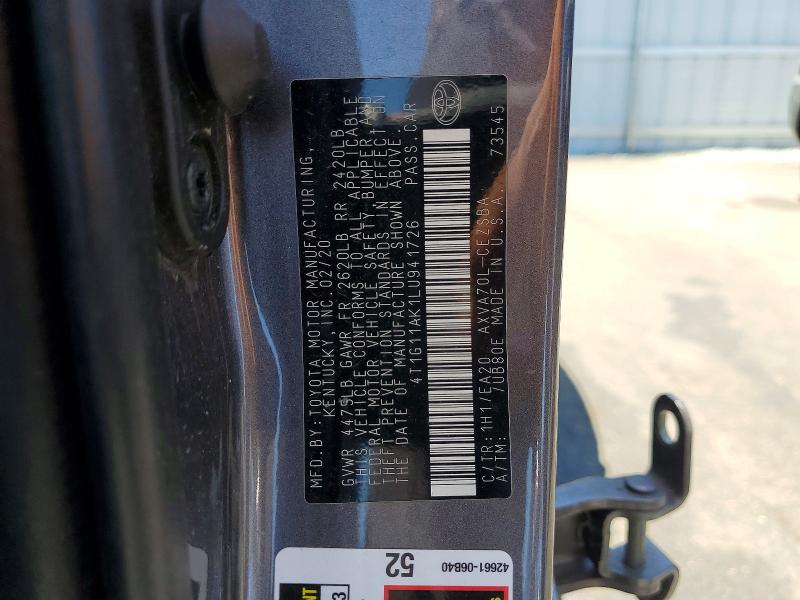 2020 Toyota Camry მანქანა იყიდება აუქციონზე, vin: 4T1G11AK1LU941726, აუქციონის ნომერი: 55413966