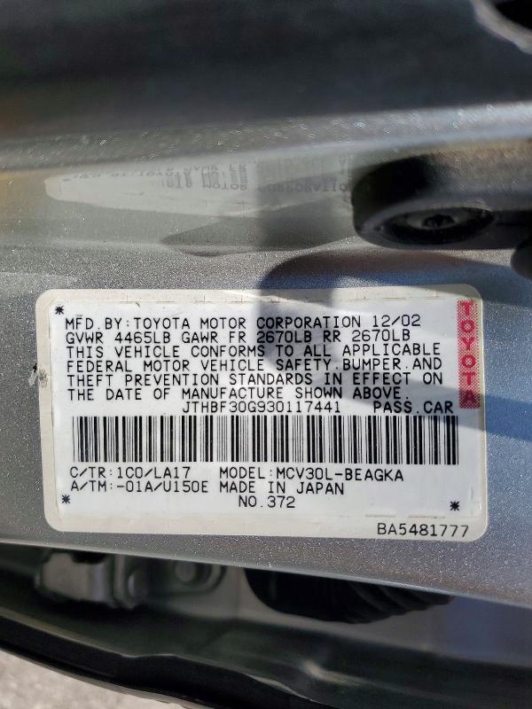 Продаж на аукціоні авто 2003 Lexus Es, vin: JTHBF30G930117441, номер лоту: 55901416