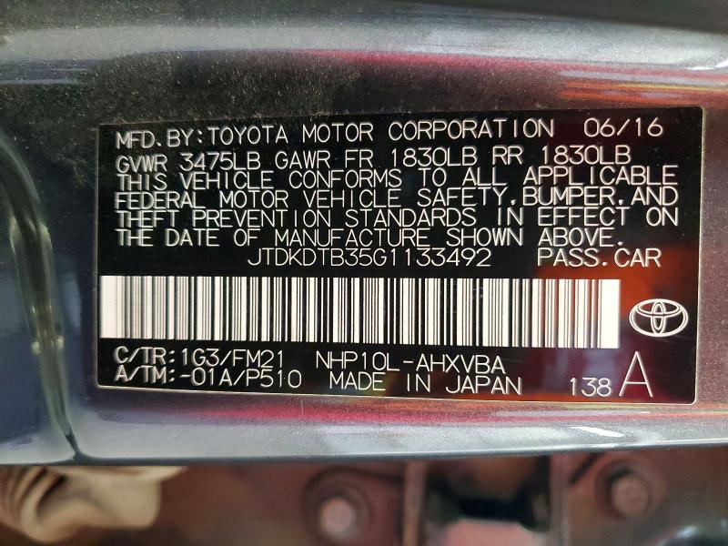 Продаж на аукціоні авто 2016 Toyota Prius C, vin: JTDKDTB35G1133492, номер лоту: 55838496