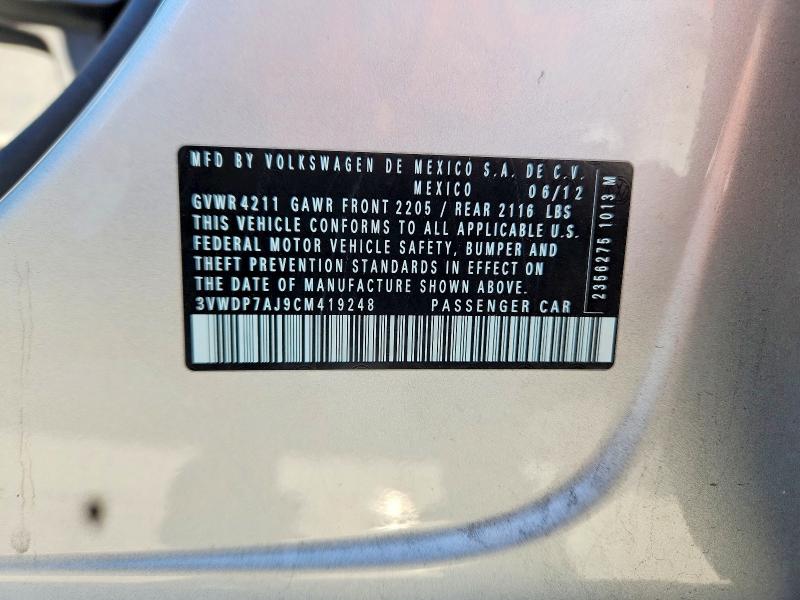 2012 Volkswagen Jetta მანქანა იყიდება აუქციონზე, vin: 3VWDP7AJ9CM419248, აუქციონის ნომერი: 58977736