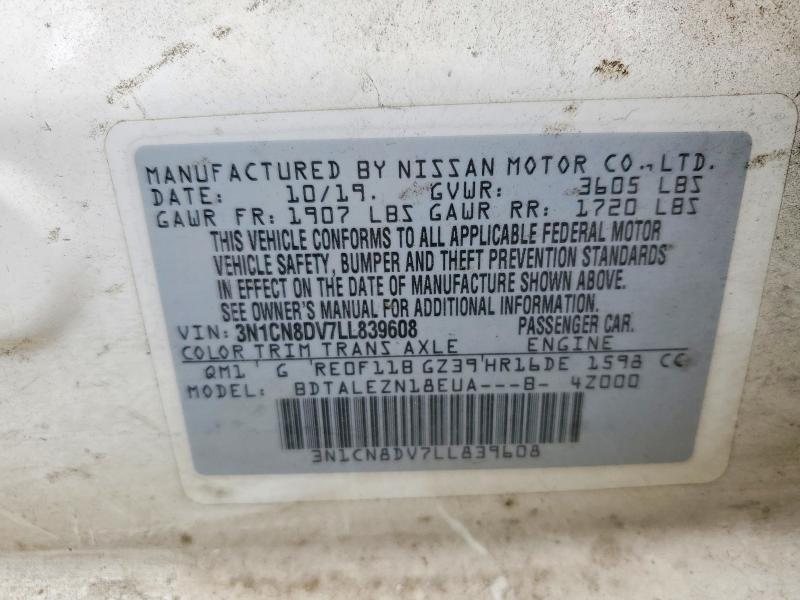 2020 Nissan Versa მანქანა იყიდება აუქციონზე, vin: 3N1CN8DV7LL839608, აუქციონის ნომერი: 56171006