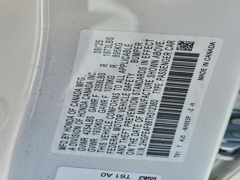 2026 Honda Civic მანქანა იყიდება აუქციონზე, vin: 2HGFE4F88TH312360, აუქციონის ნომერი: 56632026