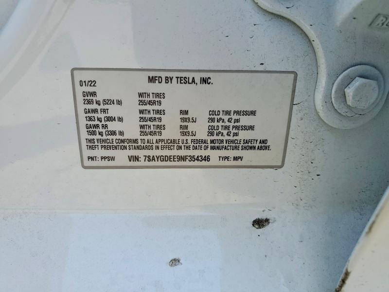 57495156 :رقم المزاد ، 7SAYGDEE9NF354346 vin ، 2022 Tesla Model Y مزاد بيع