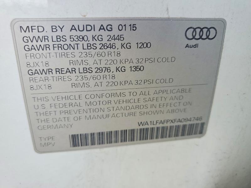 2015 Audi Q5 მანქანა იყიდება აუქციონზე, vin: WA1LFAFPXFA094746, აუქციონის ნომერი: 56277116