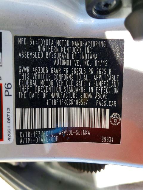Aukcja sprzedaży 2012 Toyota Camry, vin: 4T4BF1FK0CR189527, numer aukcji: 55769586