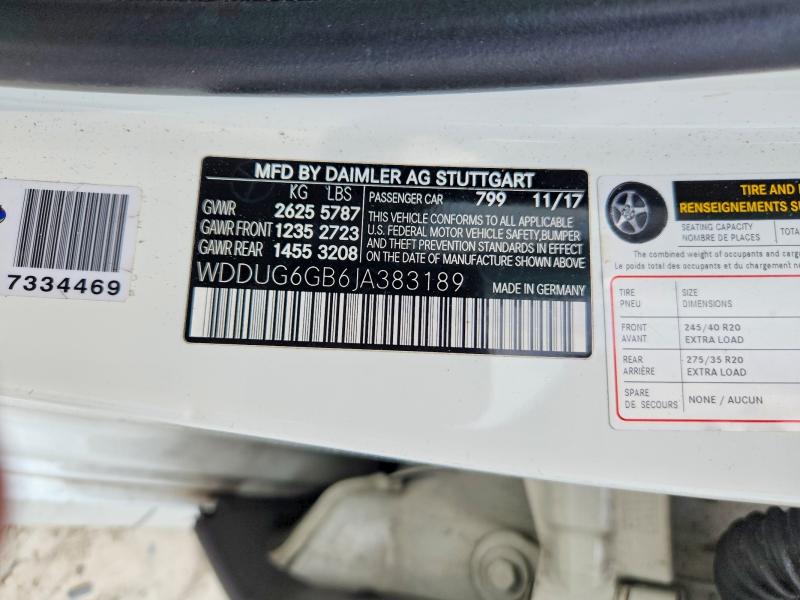 56943716 :رقم المزاد ، WDDUG6GB6JA383189 vin ، 2018 Mercedes-benz S مزاد بيع
