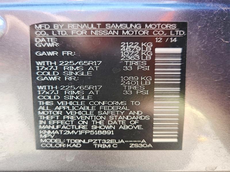 55095126 :رقم المزاد ، KNMAT2MV1FP518891 vin ، 2015 Nissan Rogue مزاد بيع