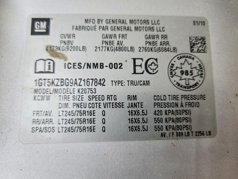 56339816 :رقم المزاد ، 1GT5KZBG9AZ167842 vin ، 2010 Gmc Sierra مزاد بيع