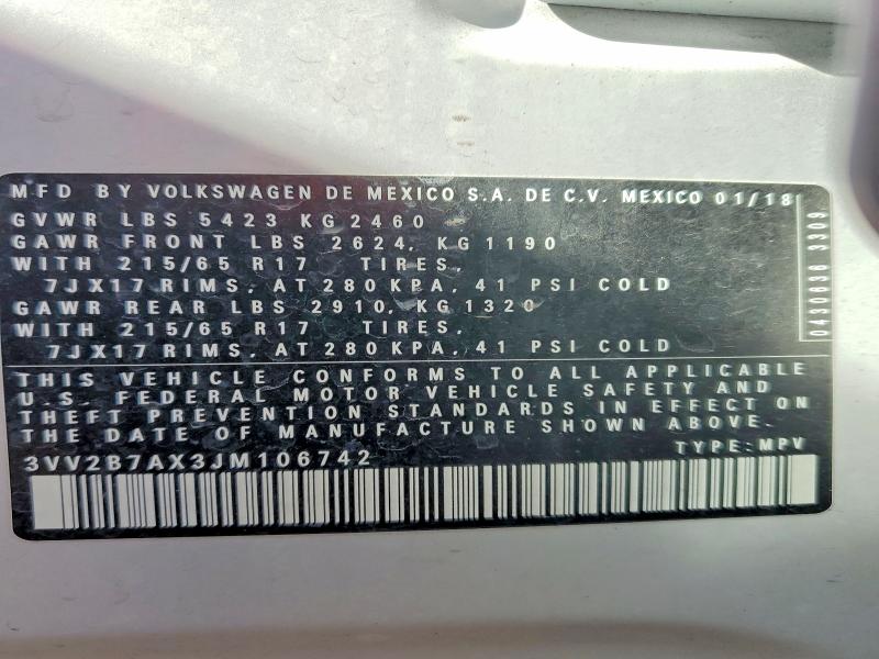 Aukcja sprzedaży 2018 Volkswagen Tiguan, vin: 3VV2B7AX3JM106742, numer aukcji: 59060716