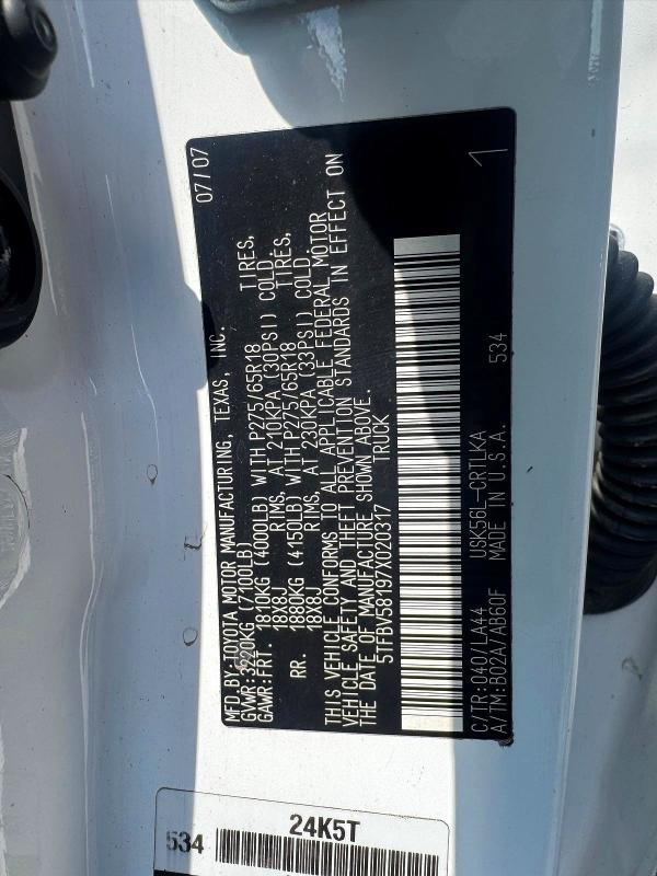 2007 Toyota Tundra მანქანა იყიდება აუქციონზე, vin: 5TFBV58197X020317, აუქციონის ნომერი: 58360906