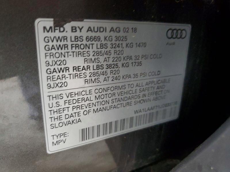 2018 Audi Q7 მანქანა იყიდება აუქციონზე, vin: WA1LAAF71JD033730, აუქციონის ნომერი: 57922106