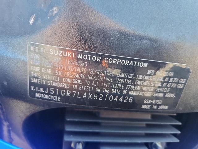 2008 Suzuki Gsx-r750 მანქანა იყიდება აუქციონზე, vin: JS1GR7LAX82104426, აუქციონის ნომერი: 58094866