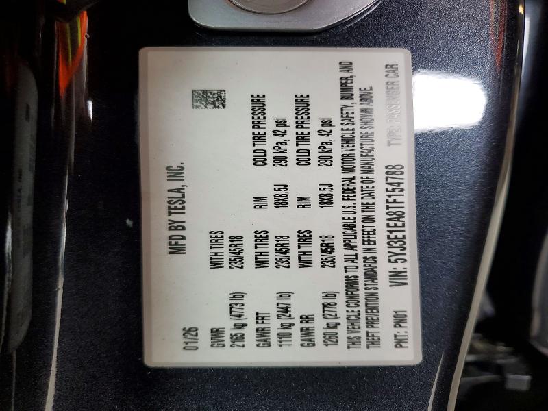 58825406 :رقم المزاد ، 5YJ3E1EA8TF154788 vin ، 2026 Tesla Model 3 مزاد بيع