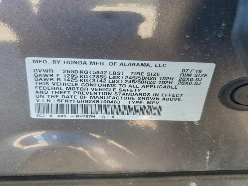 Aukcja sprzedaży 2019 Honda Pilot, vin: 5FNYF6H92KB100483, numer aukcji: 58185036
