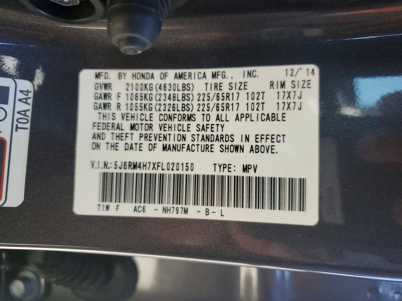 Продаж на аукціоні авто 2015 Honda Cr-v, vin: 5J6RM4H7XFL020150, номер лоту: 59113196