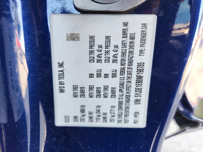 Продажа на аукционе авто 2022 Tesla Model 3, vin: 5YJ3E1EB8NF198785, номер лота: 56870306