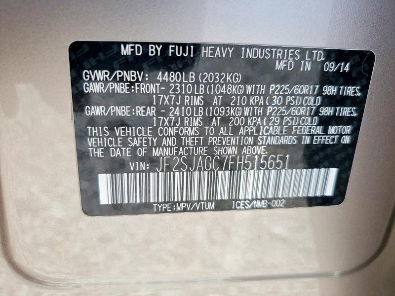 2015 Subaru Forester მანქანა იყიდება აუქციონზე, vin: JF2SJAGC7FH515651, აუქციონის ნომერი: 55064866