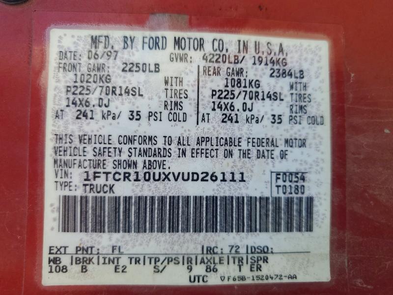 Продаж на аукціоні авто 1997 Ford Ranger, vin: 1FTCR10UXVUD26111, номер лоту: 58143606
