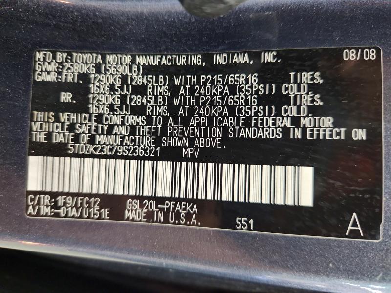 Auction sale of the 2009 Toyota Sienna, vin: 5TDZK23C79S236321, lot number: 57128276