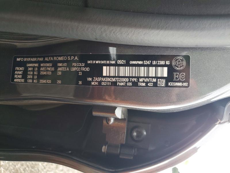 2021 Alfa Romeo Stelvio მანქანა იყიდება აუქციონზე, vin: ZASPAKBN2M7D20909, აუქციონის ნომერი: 56780816
