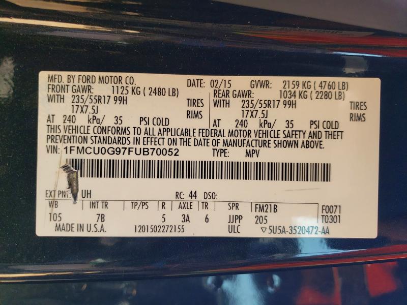2015 Ford Escape მანქანა იყიდება აუქციონზე, vin: 1FMCU0G97FUB70052, აუქციონის ნომერი: 54975316