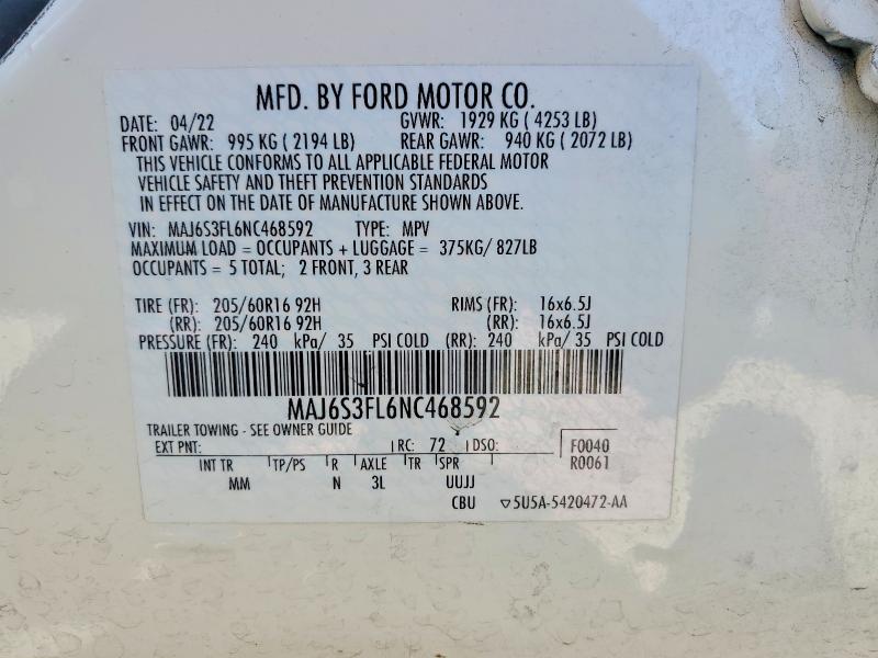 57050496 :رقم المزاد ، MAJ6S3FL6NC468592 vin ، 2022 Ford Ecosport مزاد بيع