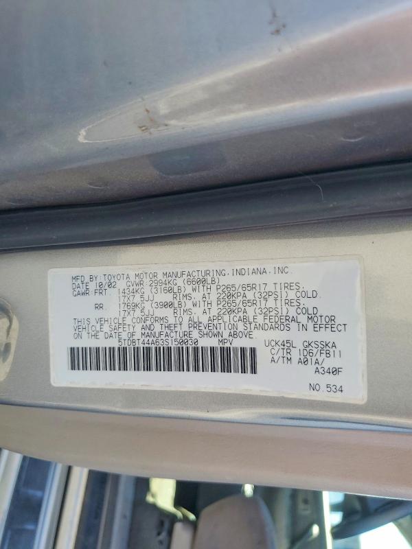Продажа на аукционе авто 2003 Toyota Sequoia, vin: 5TDBT44A63S150030, номер лота: 57955636