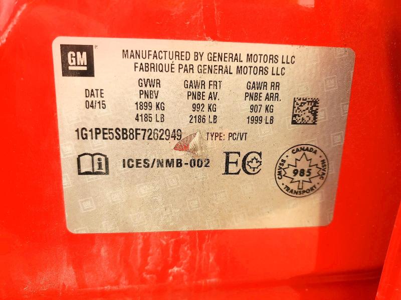 2015 Chevrolet Cruze მანქანა იყიდება აუქციონზე, vin: 1G1PE5SB8F7262949, აუქციონის ნომერი: 58942236