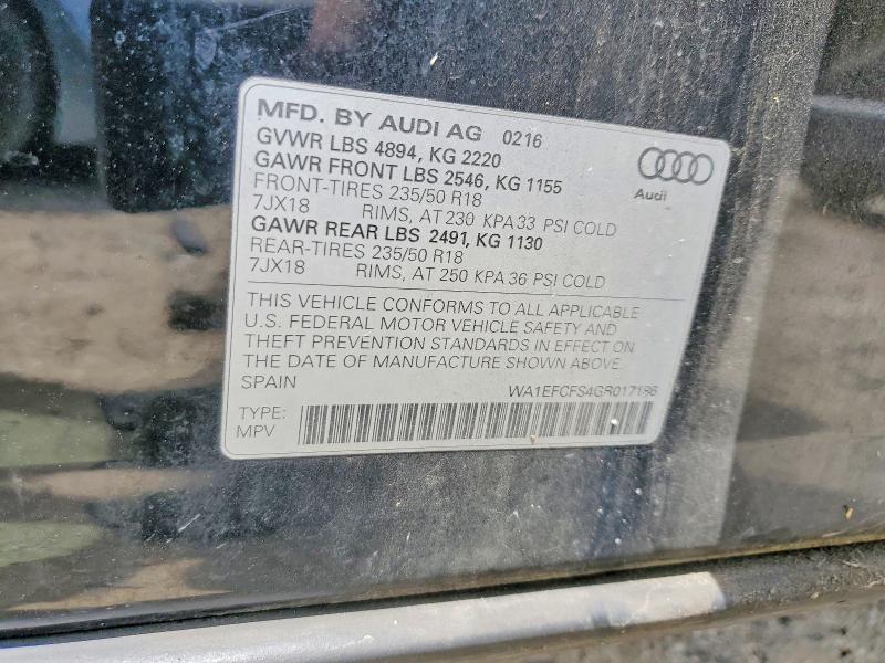 2016 Audi Q3 მანქანა იყიდება აუქციონზე, vin: WA1EFCFS4GR017186, აუქციონის ნომერი: 58643806