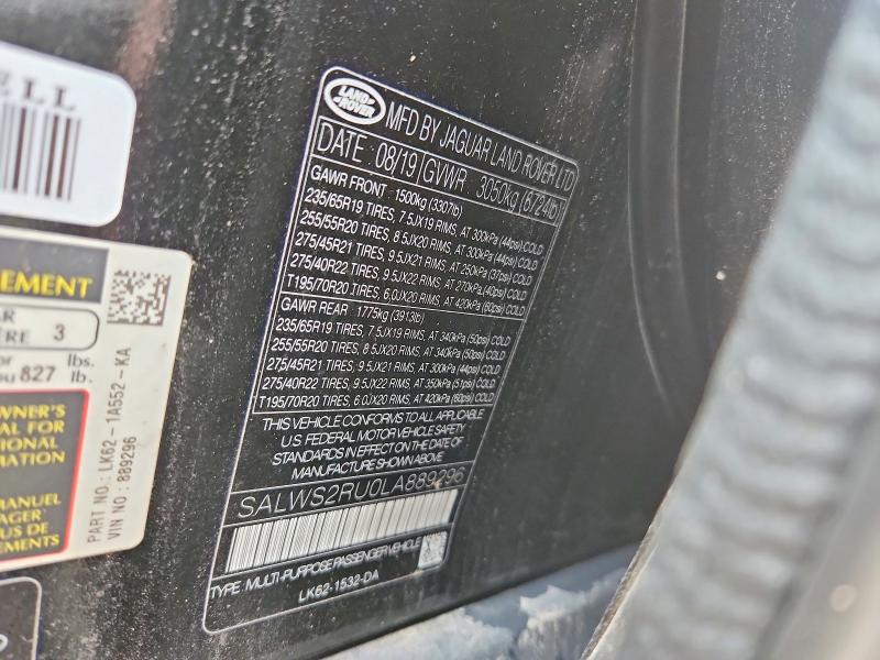 2020 Land Rover Range Rover Sport მანქანა იყიდება აუქციონზე, vin: SALWS2RU0LA889296, აუქციონის ნომერი: 56593686