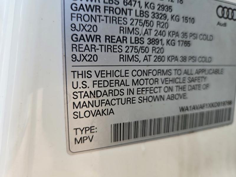 57831476 :رقم المزاد ، WA1AVAF1XKD019768 vin ، 2019 Audi Q8 مزاد بيع