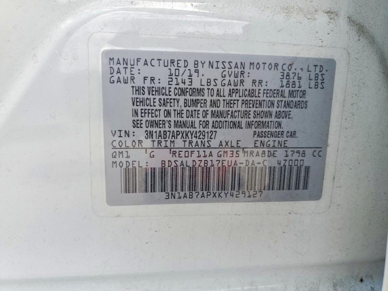 56602046 :رقم المزاد ، 3N1AB7APXKY429127 vin ، 2019 Nissan Sentra مزاد بيع
