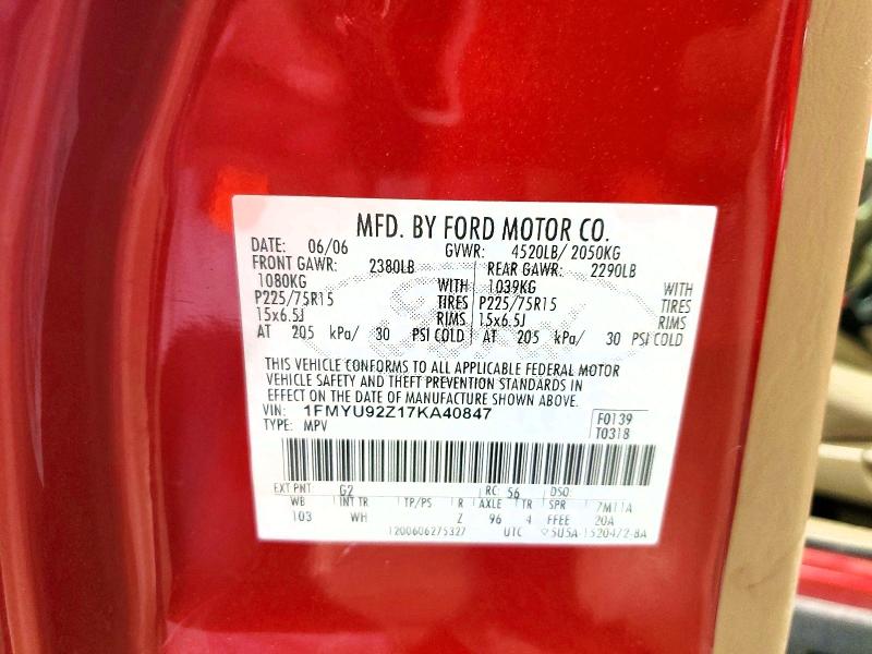 2007 Ford Escape მანქანა იყიდება აუქციონზე, vin: 1FMYU92Z17KA40847, აუქციონის ნომერი: 59007276