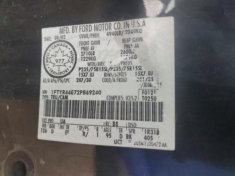 2002 Ford Ranger მანქანა იყიდება აუქციონზე, vin: 1FTYR44E72PB69240, აუქციონის ნომერი: 55541526
