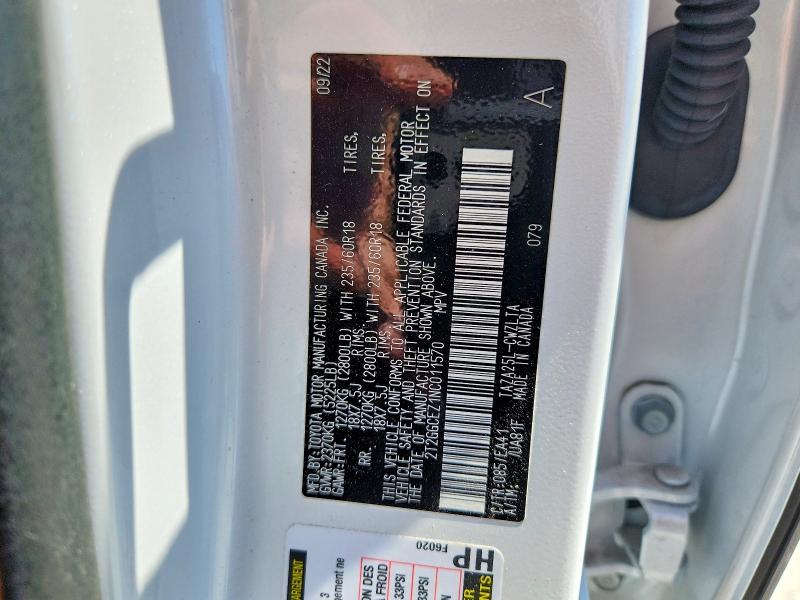 57895006 :رقم المزاد ، 2T2GGCEZ1NC011570 vin ، 2022 Lexus Nx 350 مزاد بيع