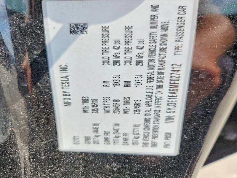 Продаж на аукціоні авто 2021 Tesla Model 3, vin: 5YJ3E1EA6MF027412, номер лоту: 57186136