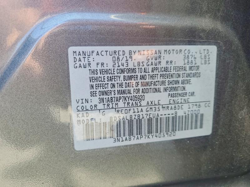 56148366 :رقم المزاد ، 3N1AB7AP7KY405920 vin ، 2019 Nissan Sentra مزاد بيع