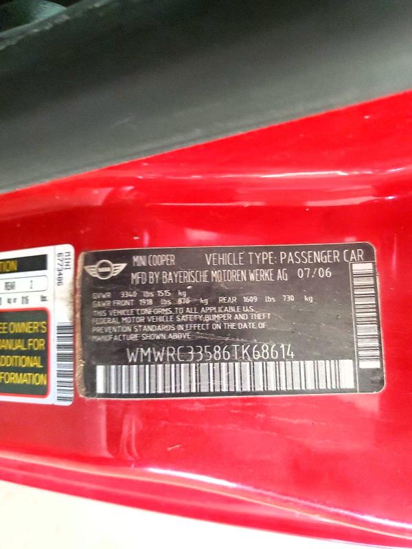 2006 Mini Cooper მანქანა იყიდება აუქციონზე, vin: WMWRC33586TK68614, აუქციონის ნომერი: 57560616