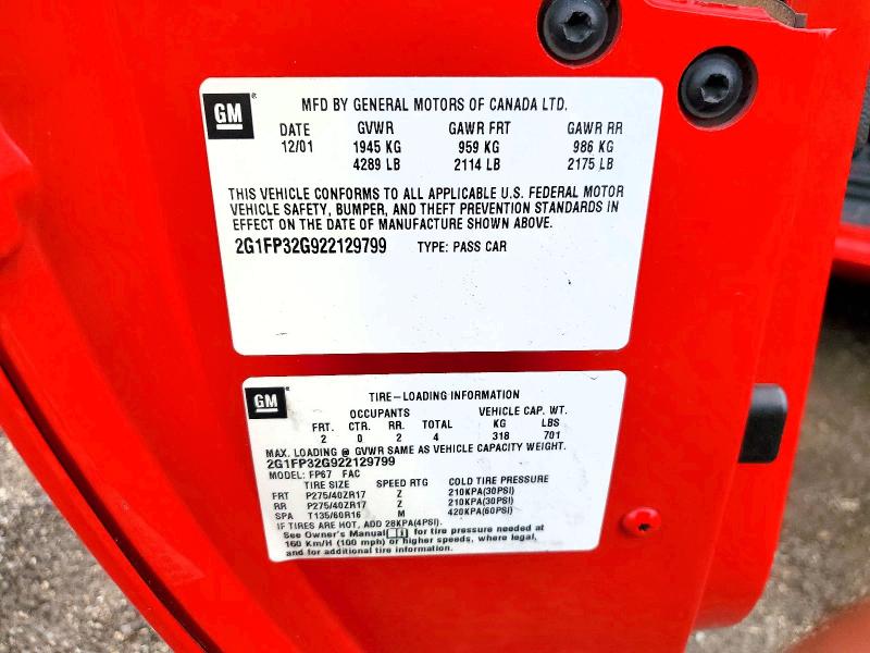 2002 Chevrolet Camaro მანქანა იყიდება აუქციონზე, vin: 2G1FP32G922129799, აუქციონის ნომერი: 56090146