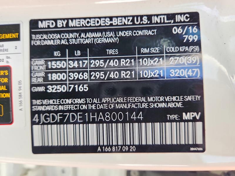 Aukcja sprzedaży 2017 Mercedes-benz Gls, vin: 4JGDF7DE1HA800144, numer aukcji: 58544656