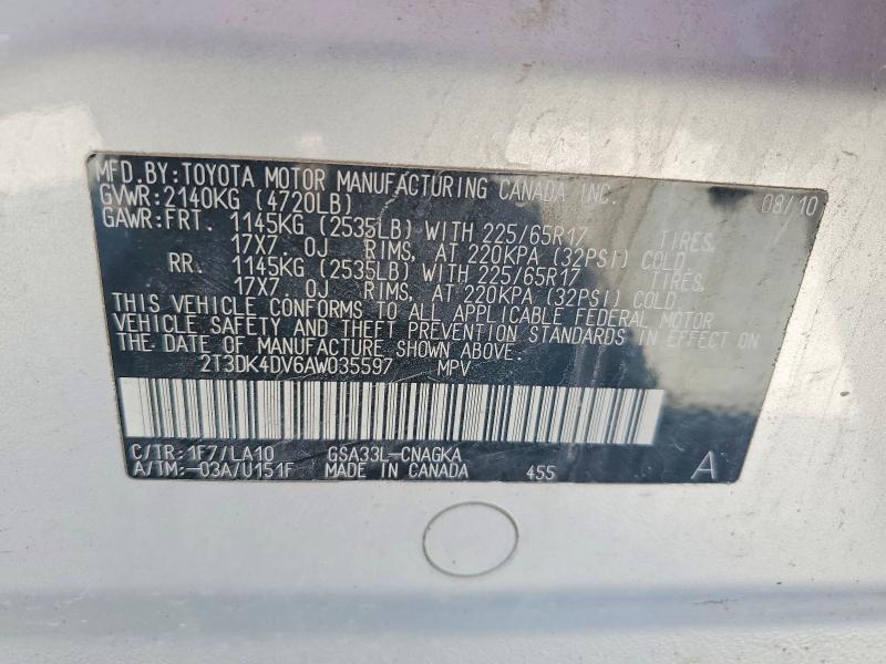 Aukcja sprzedaży 2010 Toyota Rav4, vin: 2T3DK4DV6AW035597, numer aukcji: 58004826