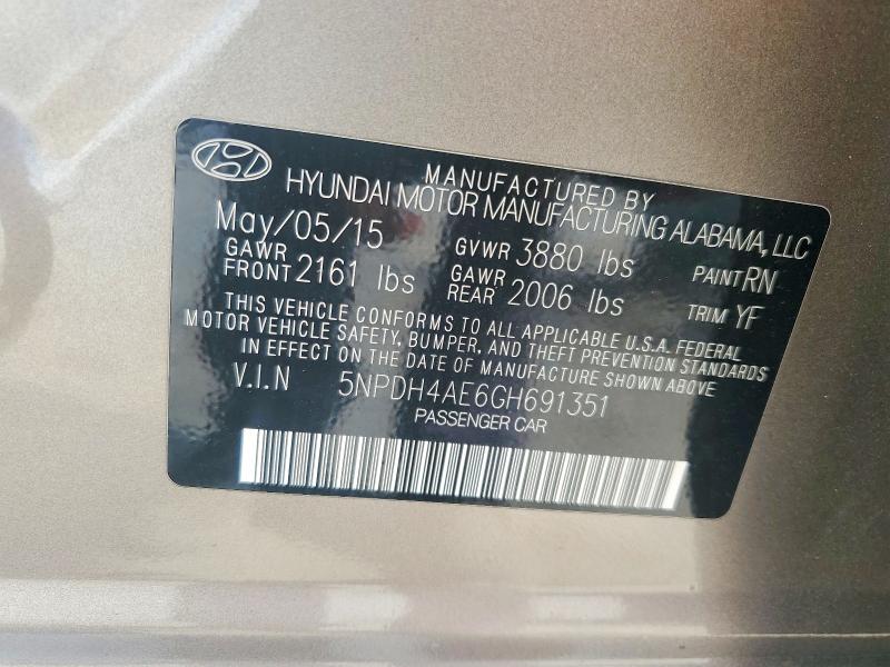 Продажа на аукционе авто 2016 Hyundai Elantra, vin: 5NPDH4AE6GH691351, номер лота: 56587786